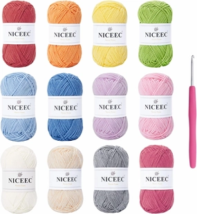 NICEEC 12 Skeins Assorted Colors Yarn, 4 Ply, Soft & Sturdy, Cotton Blend, Colorful Baby Blanket Yarn for Croceht & Knit, Multicolored, Easy Use for DIY Craft - Kit 4