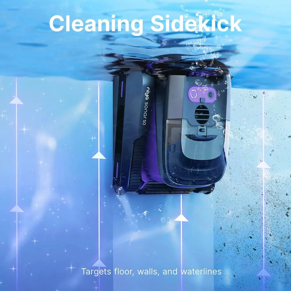 Niya Sonar 50 Cordless Robotic Vacuum Pool Cleaner from The Creators of Dolphin, up to 40 FT in Length, Scrubber Brush with Waterline Cleaning