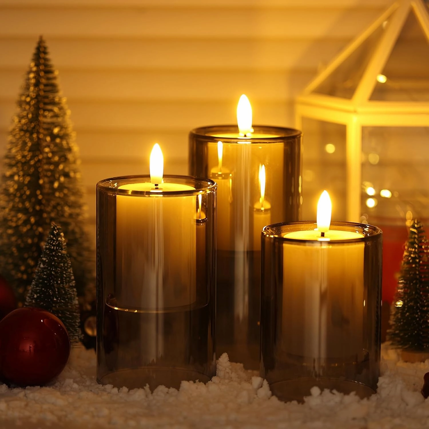 NURADA Flameless Candles with Remote Timer - Glass Real Wax 3D Wick LED Pillar Votive Candle Set Battery Operated Flickering Light for Home Christmas Decoration -Grey 3 Pack