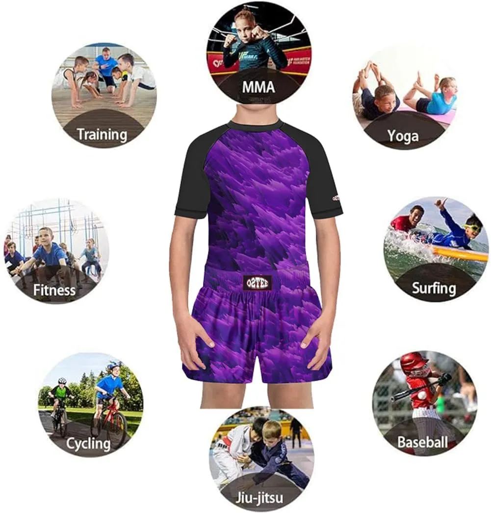 O2TEE Unisex Youth Kids Rash Guard Shorts Sets for Boys Girls Boxing Daily Multi-Sport