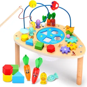 oathx Activity Table for 1  Year Old, 6 in 1 Wooden Montessori Activity Center Play Table with Bead Maze Shape Sorter Fishing Game, Kids Sensory Educational Toddler Learning Toys 1st Birthday Gifts