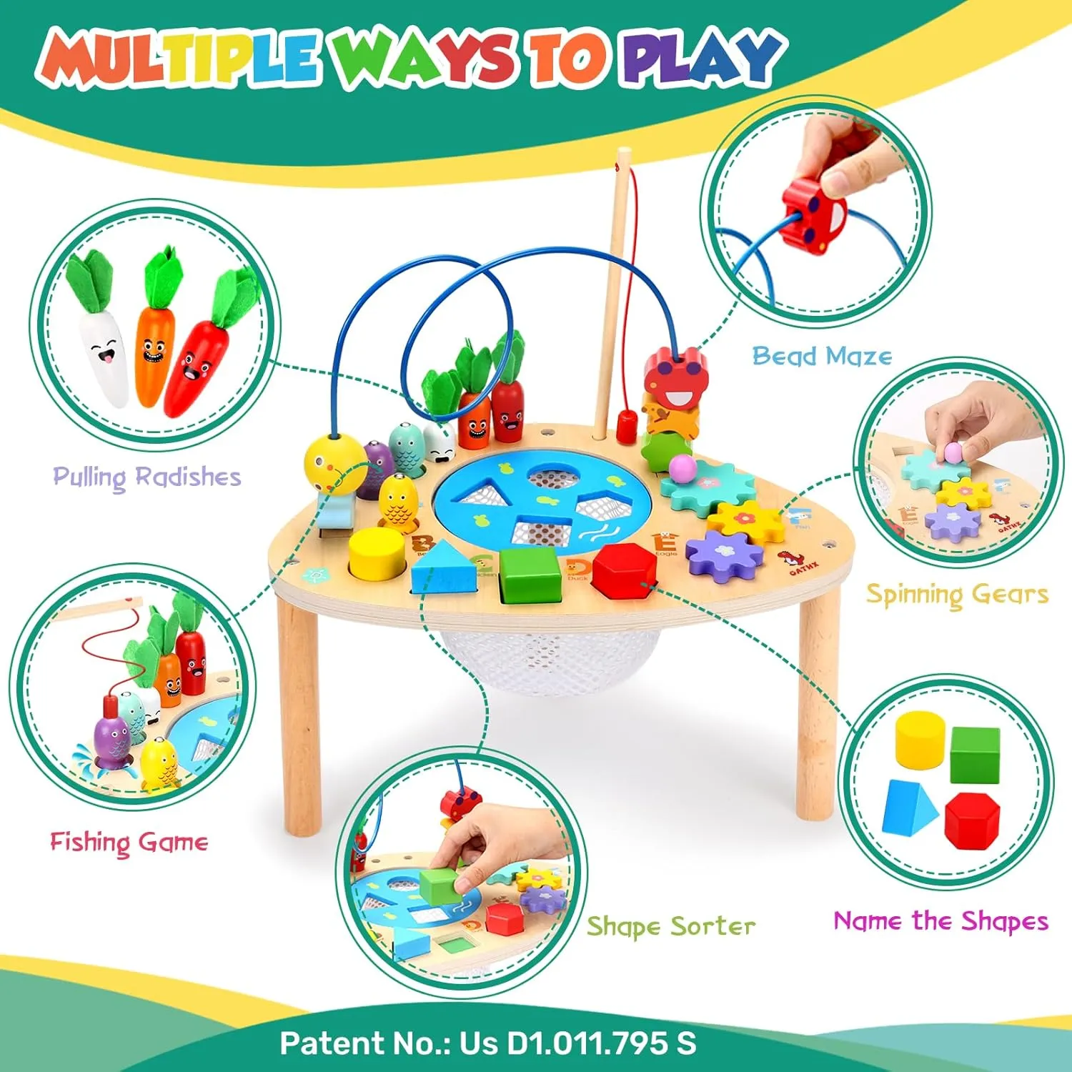 oathx Activity Table for 1  Year Old, 6 in 1 Wooden Montessori Activity Center Play Table with Bead Maze Shape Sorter Fishing Game, Kids Sensory Educational Toddler Learning Toys 1st Birthday Gifts