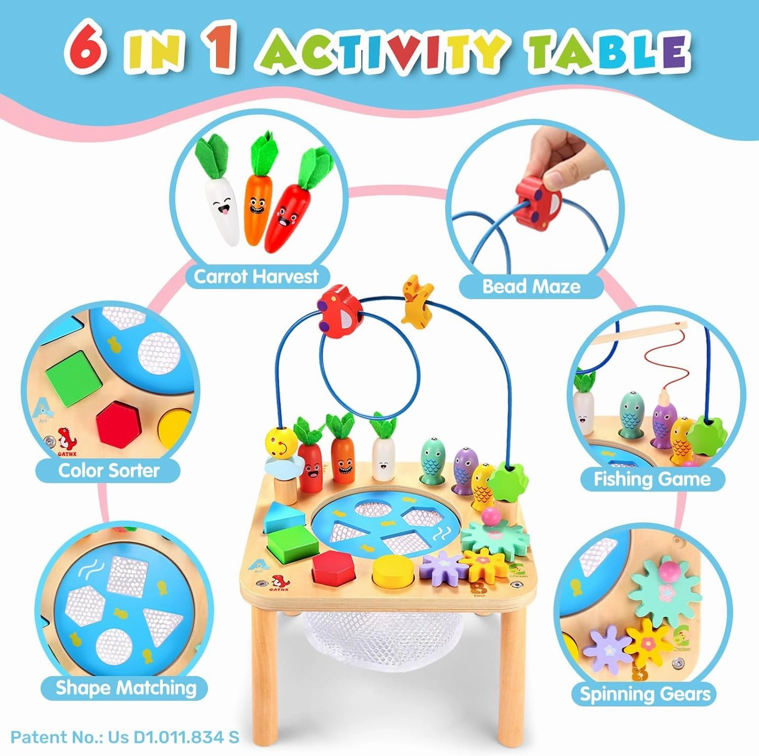 oathx Activity Table for 1 Year Old, 6 in 1 Wooden Montessori Activity Center with Bead Maze Shape Sorter Fishing Game, Kids Sensory Play Table Toddler Toys 1st Birthday Gifts Boy Girl