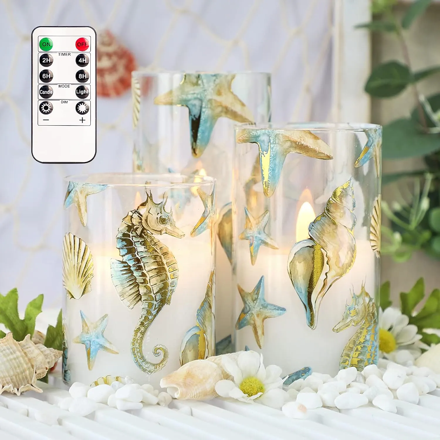 Ocean Theme LED Candles, Battery Operated Flameless Candles Flickering with Remote Control and Timer, Real Wax Pillar Glass Candles for Home Party Wedding Decor, Set of 3