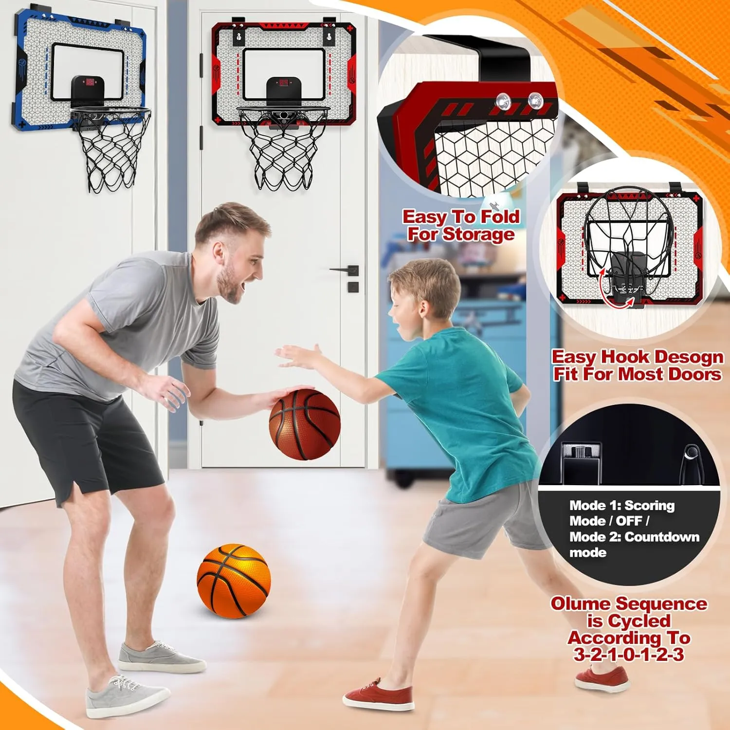 OCHIDO 2 Pcs Basketball Hoop Indoor for Boys 3 4 5 6 7 8 9 10 11 12 Year Old,Over The Door Mini Basketball Hoop Indoor with Scoreboard & 4 Balls,Basketball Toy Gift for Kids Boys Adults Bedroom Office