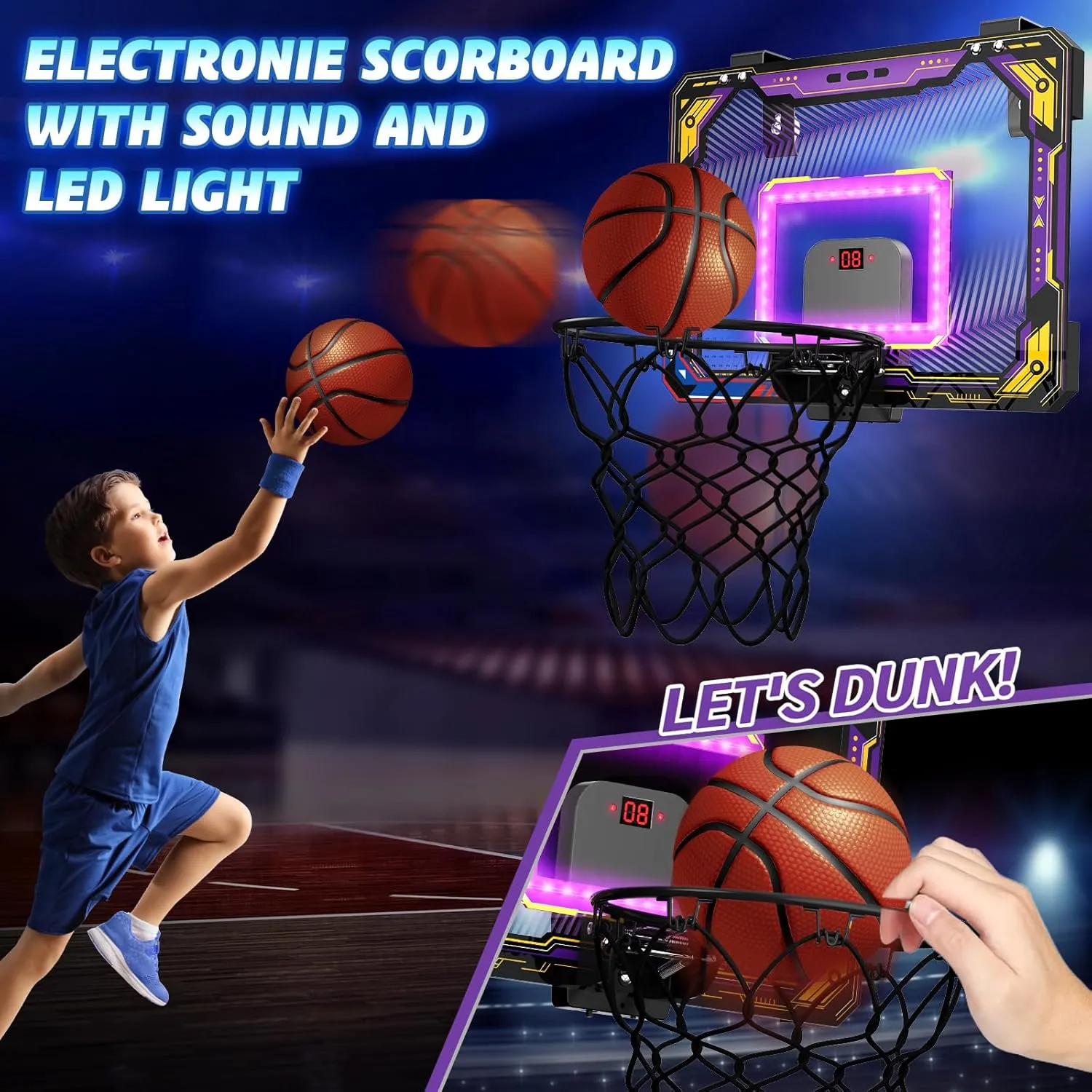 OCHIDO Basketball Hoop Indoor for Kids 5 6 7 8 9 10 11 12 Year Old Gifts,Kids Basketball Hoop Sport Toys for Boys Girls,Basketball Hoops Over The Door & LED Lighting,Electronic Scoreboard & 3 Balls