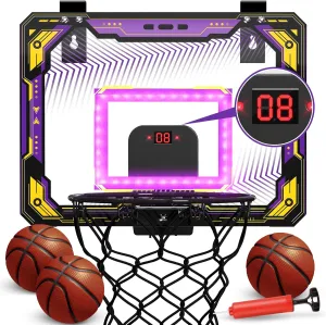 OCHIDO Basketball Hoop Indoor for Kids 5 6 7 8 9 10 11 12 Year Old Gifts,Kids Basketball Hoop Sport Toys for Boys Girls,Basketball Hoops Over The Door & LED Lighting,Electronic Scoreboard & 3 Balls