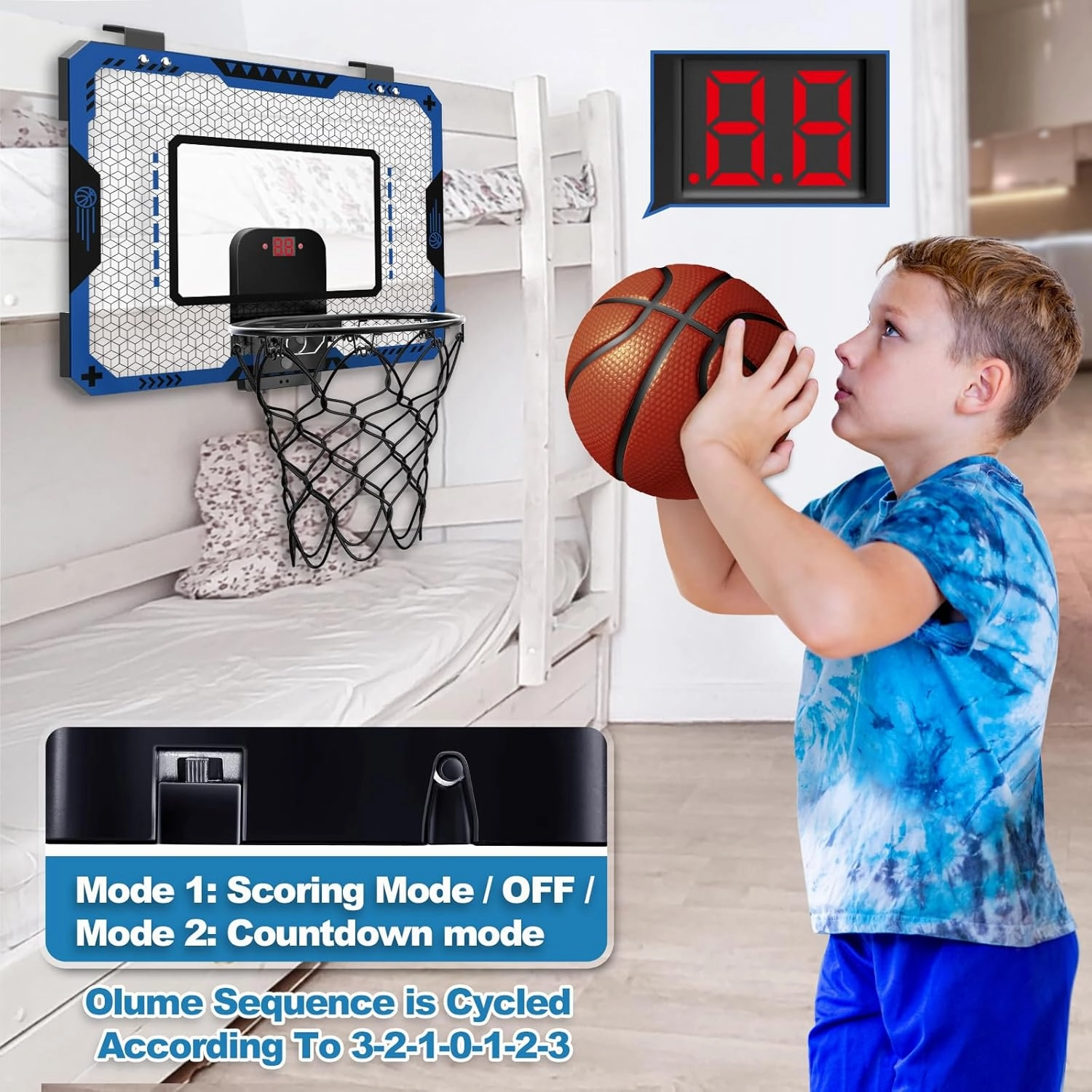 OCHIDO Indoor Basketball Hoop for Kids Age 5-10, with Electronic Scoreboard & 3 Balls - Over The Door Mini Hoop for Boys' Birthday
