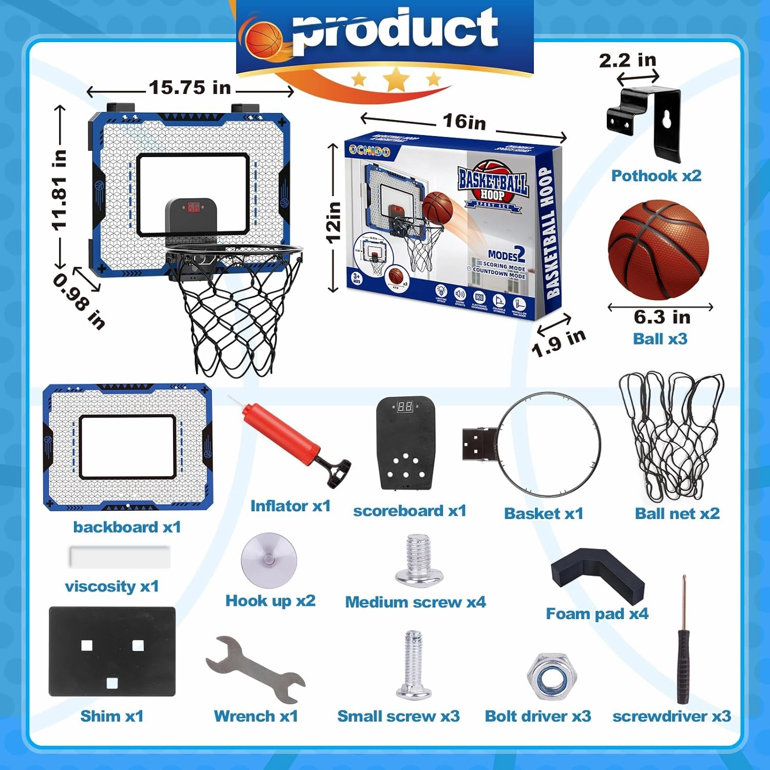 OCHIDO Indoor Basketball Hoop for Kids Age 5-10, with Electronic Scoreboard & 3 Balls - Over The Door Mini Hoop for Boys' Birthday