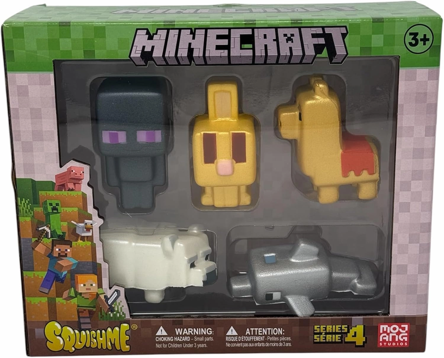 Officially Licensed Minecraft SquishMe Series 4 Collector’s Box – Metallic Strawberry‑Scented, 5 Characters (Enderman, Bunny, Llama, Dolphin, Polar Bear) – Soft PU Foam Gift for Ages 3 