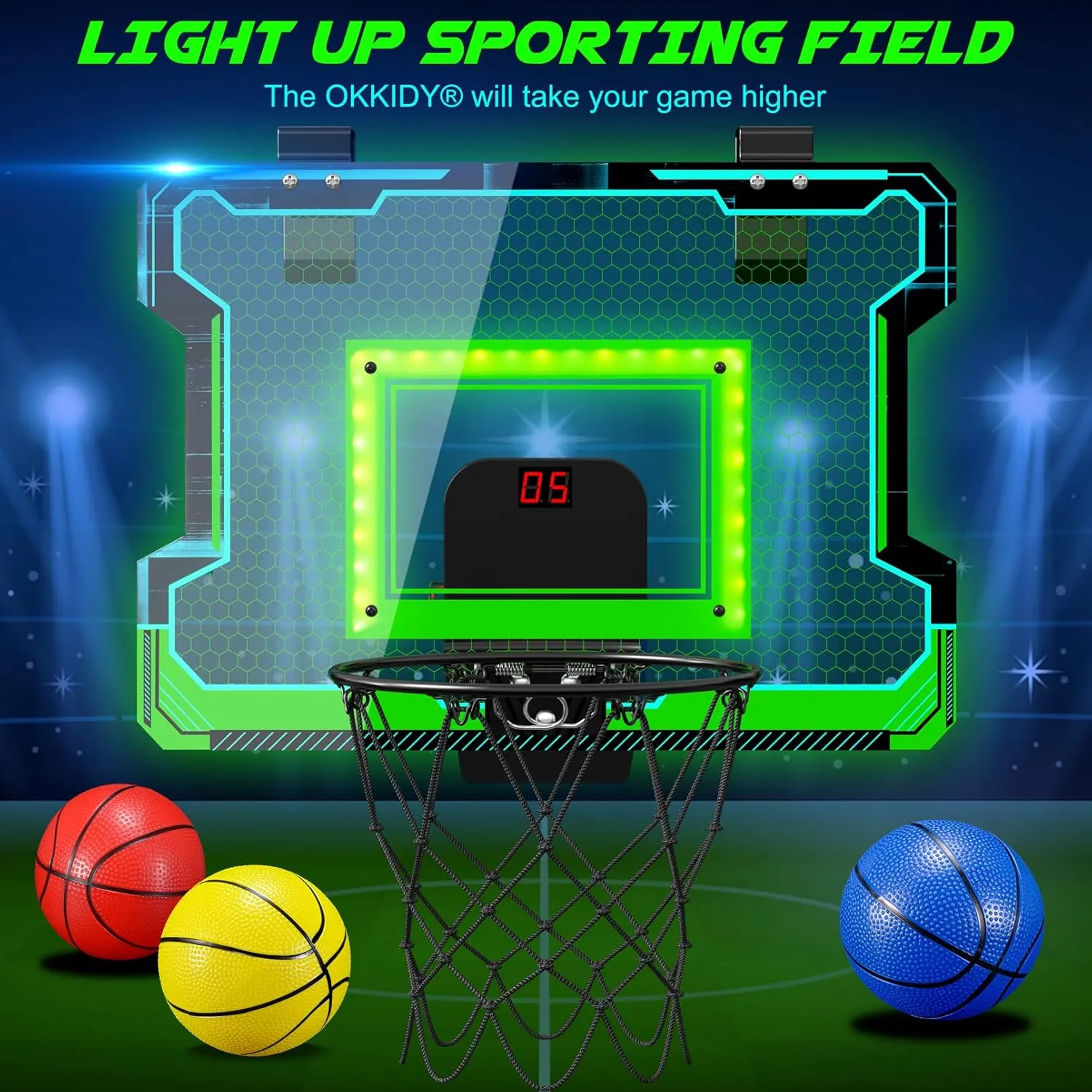 OKKIDY Mini Indoor Basketball Hoop, Light-up Basketball Hoop with Electronic LED Scoreboard, Small Outdoor Basketball Game Toys for 6, 7, 8, 9, 10, 12  Year Old Girls Boys Kids Teen Adults, Idea Gifts