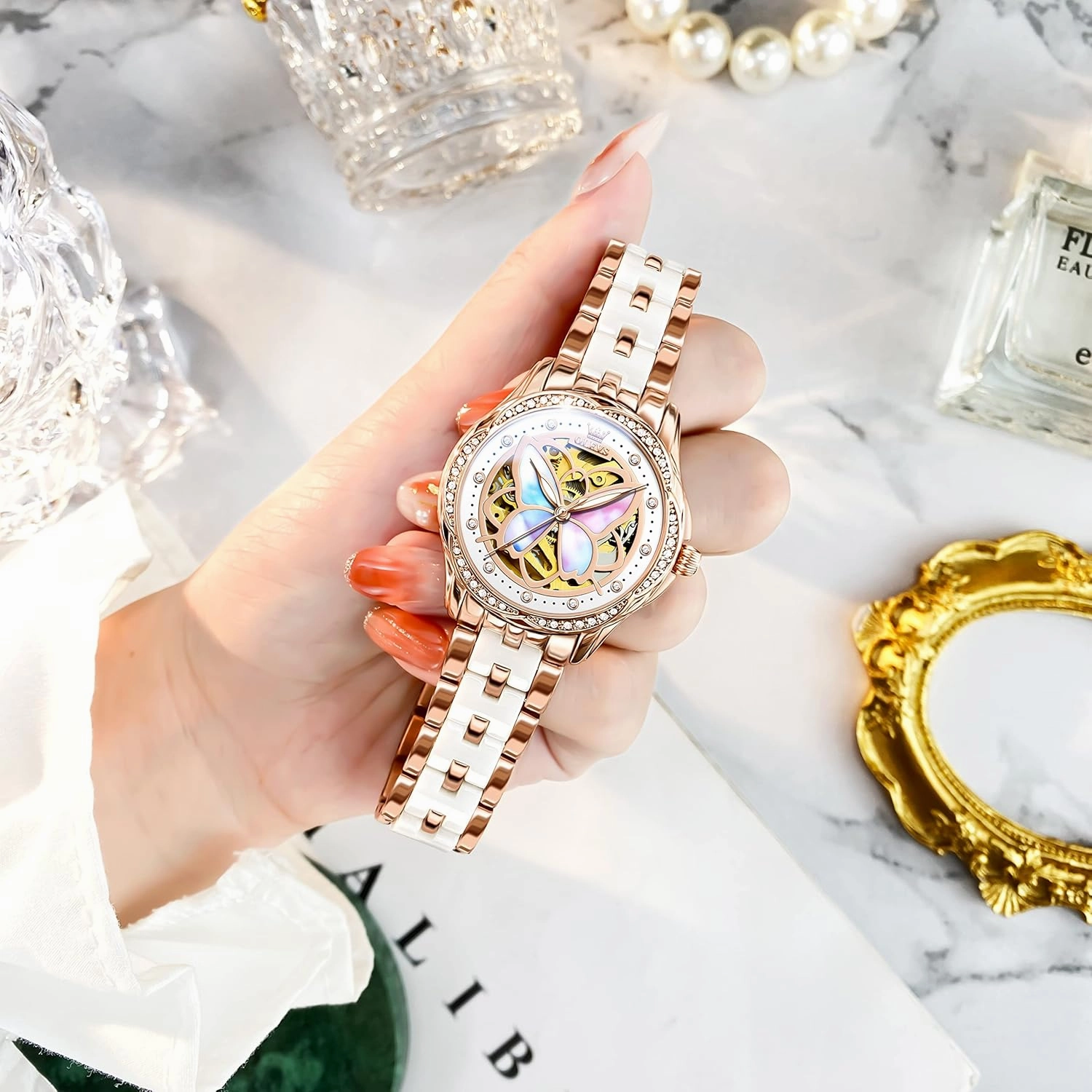 OLEVS Women Watches Automatic Rose Gold Diamond Skeleton Luminous Elegant Colorful Butterfly Stainless Steel Ceramic Strap Butterfly Gift Set for Ladies