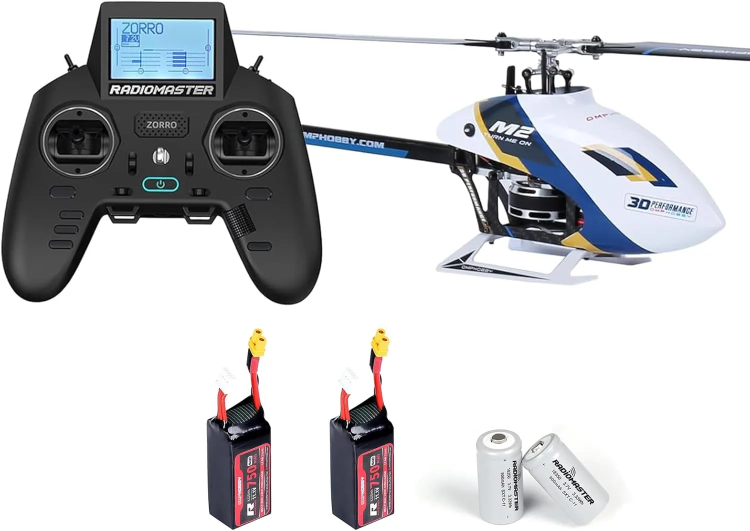 OMPHOBBY M2 EVO MK2 Ready To Fly RC Helicopter & OSHM2329 Lithium Battery & OSHM2344 Zorro Radio Controller Battery Bundle