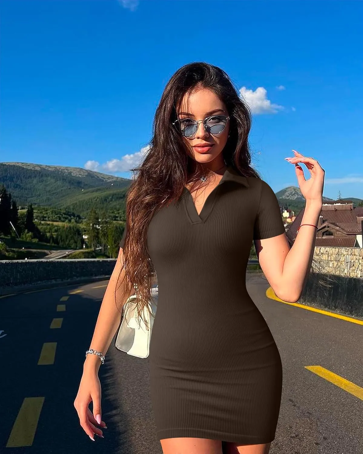 OQQ Women's Mini Dresses Sexy Ribbed Short Sleeve Tummy Control Bodycon Mini Dress