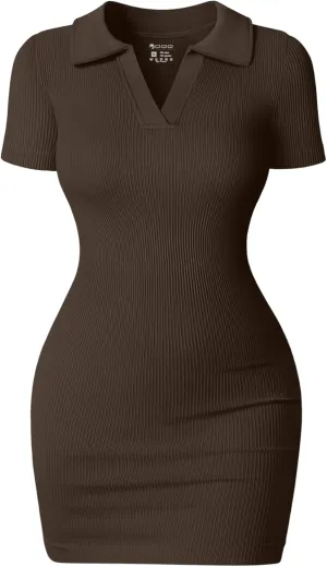 OQQ Women's Mini Dresses Sexy Ribbed Short Sleeve Tummy Control Bodycon Mini Dress
