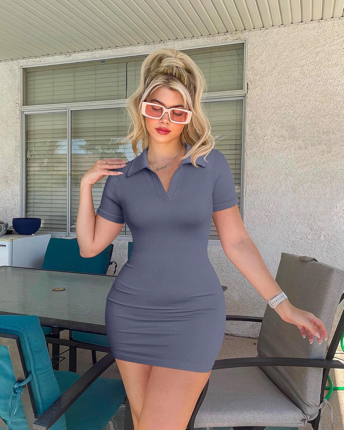 OQQ Women's Mini Dresses Sexy Ribbed Short Sleeve Tummy Control Bodycon Mini Dress