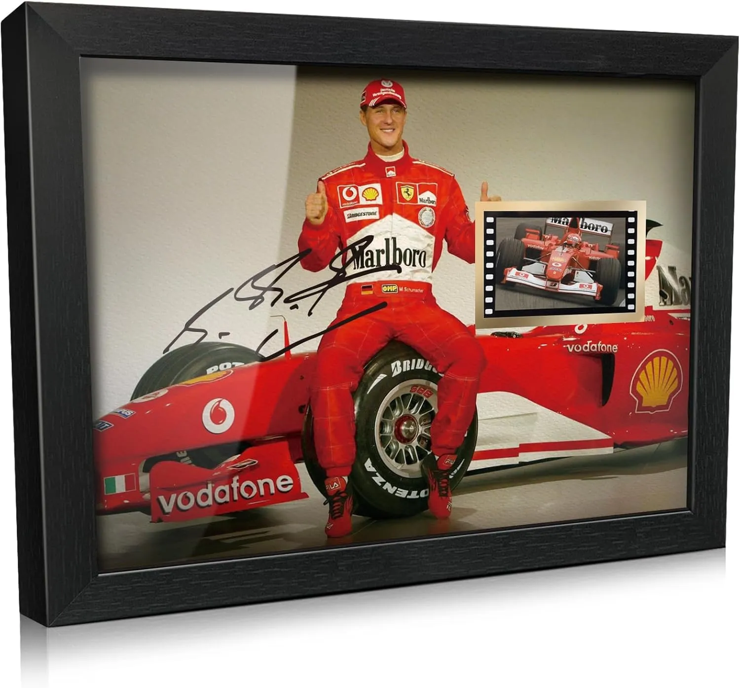 ORIMAMI Signed Michael Schumacher Poster Wooden Framed Photo Art Decor 8x6 Inches,with 1x35mm Film Display,Cool Collectible Gifts for F1 Ferrari Racing Fans