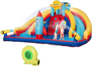 Outsunny 5-in-1 Inflatable Water Slide, Rocket Themed Kids Castle Bounce House with Slide, Pool, Water Cannon, Basket, Climbing Wall Includes Carry Bag, Repair Patches, 750W Air Blower