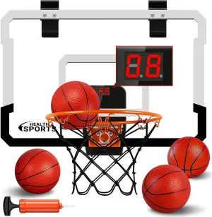 Over The Door Basketball Hoop with Electronic Scoreboard and 4 Balls, Indoor Mini Basketball Hoop Basketball Backboard Pads Mini Hoop for Kids and Adults, Door Room Basketball Hoop Basketball Toy