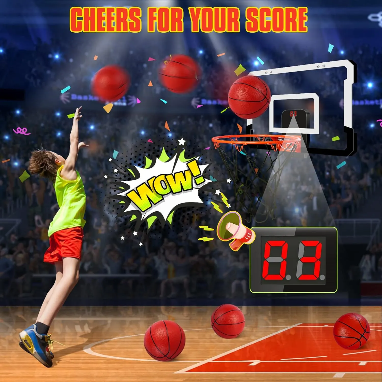 Over The Door Basketball Hoop with Electronic Scoreboard and 4 Balls, Indoor Mini Basketball Hoop Basketball Backboard Pads Mini Hoop for Kids and Adults, Door Room Basketball Hoop Basketball Toy