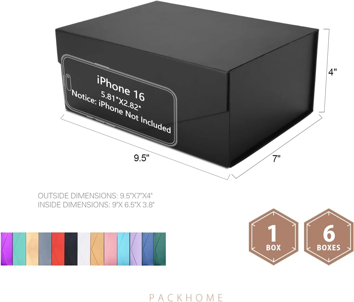 PACKHOME 6 Gift Boxes 9x6.5x3.8 Inches, Rectangle Collapsible Boxes with Magnetic Lids for Gift Packaging (Matte Black, Grain Texture)