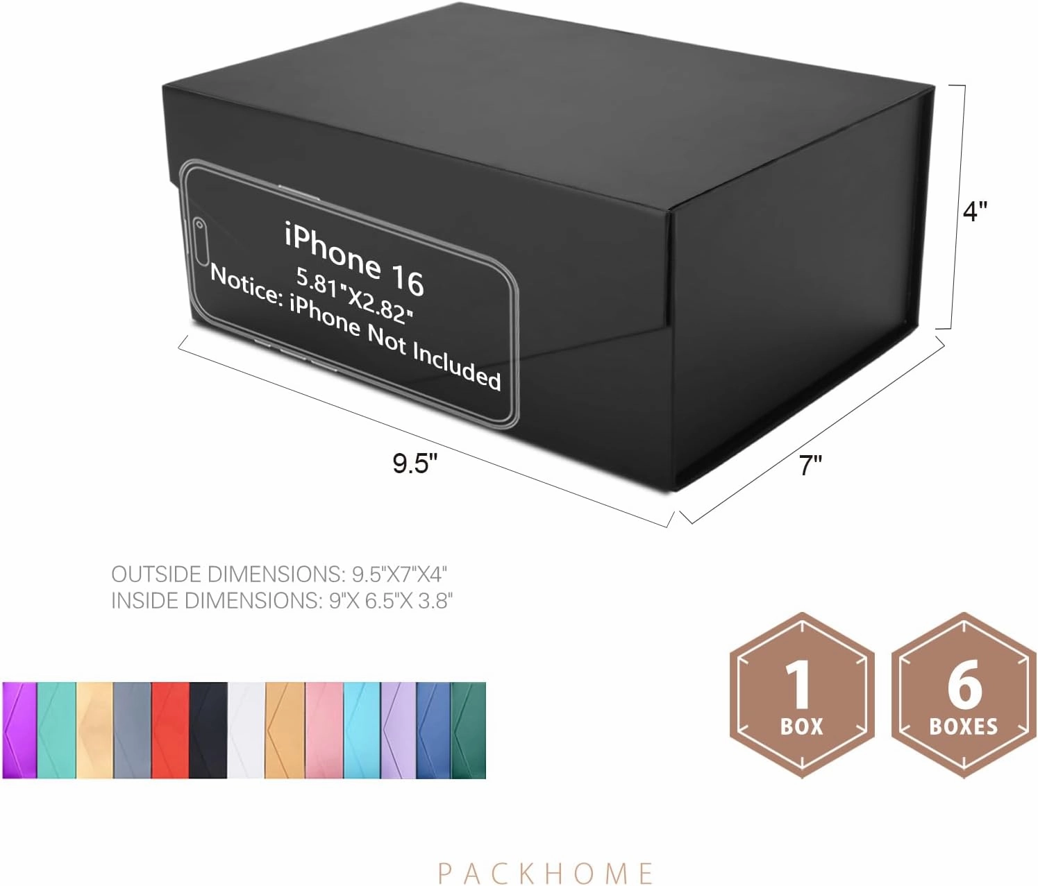 PACKHOME 6 Gift Boxes 9x6.5x3.8 Inches, Rectangle Collapsible Boxes with Magnetic Lids for Gift Packaging (Matte Black, Grain Texture)