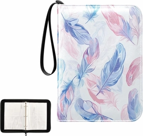 Painting Blue Pink Purple Feather Card Binder 4 Pocket, Trading Card Holder Fits 400 Game Cards with 50 Removable Sleeves, MTG Card Case Standard Size