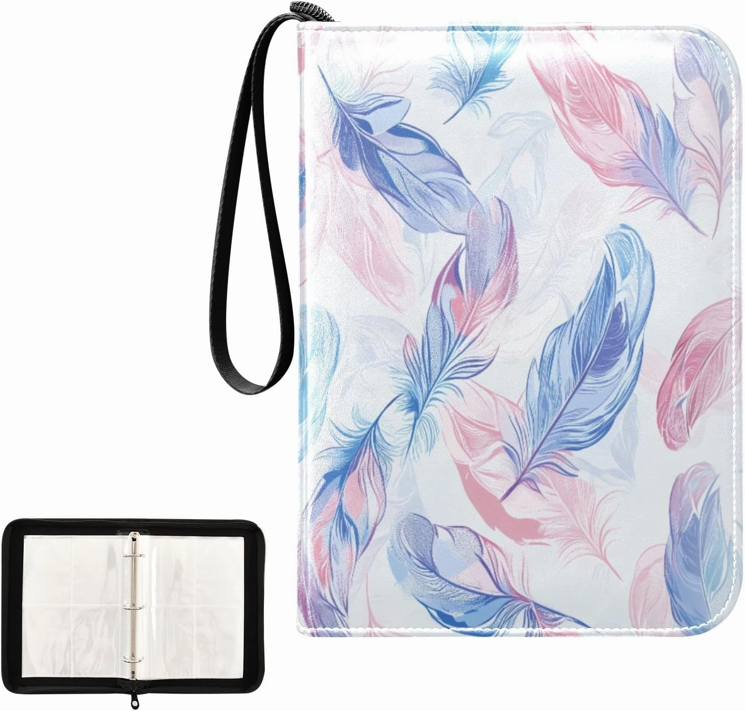 Painting Blue Pink Purple Feather Card Binder 4 Pocket, Trading Card Holder Fits 400 Game Cards with 50 Removable Sleeves, MTG Card Case Standard Size