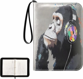 Painting Monkey Headphones Watercolor Card Binder 4 Pocket, Trading Card Holder Fits 400 Game Cards with 50 Removable Sleeves, MTG Card Case Standard Size