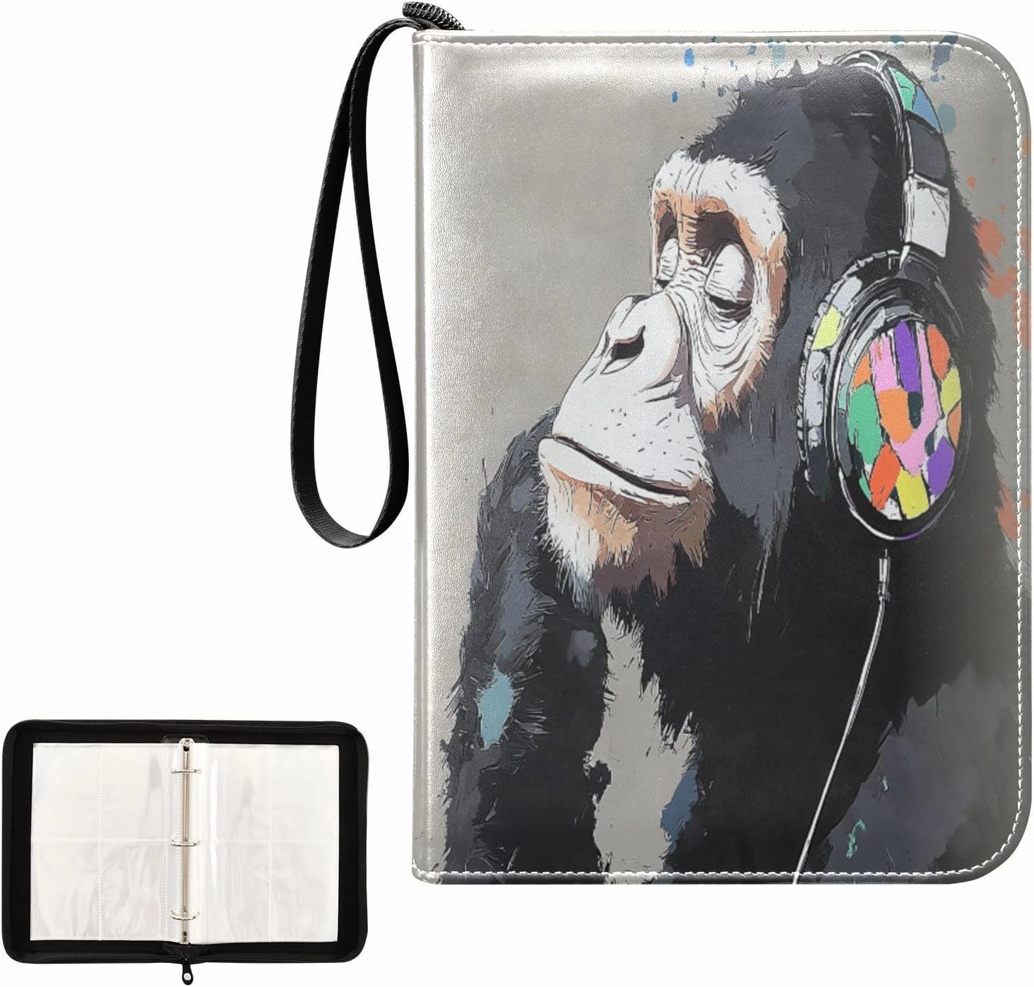 Painting Monkey Headphones Watercolor Card Binder 4 Pocket, Trading Card Holder Fits 400 Game Cards with 50 Removable Sleeves, MTG Card Case Standard Size