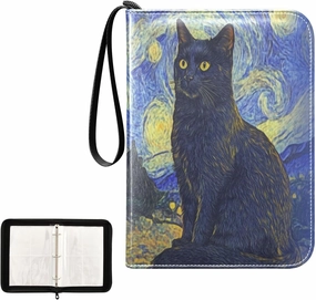Painting Pattern Black Cat Sun Oil Card Binder 4 Pocket, Trading Card Holder Fits 400 Game Cards with 50 Removable Sleeves, MTG Card Case Standard Size