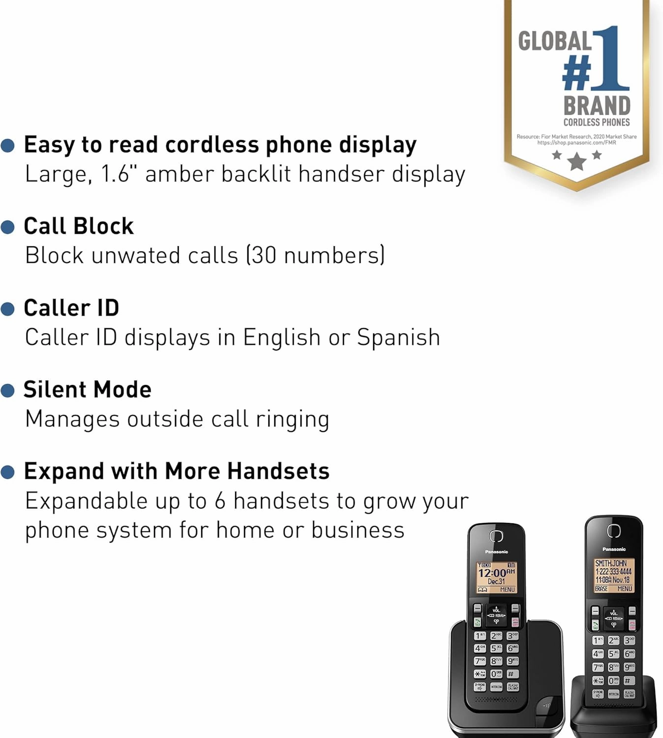 Panasonic Expandable Cordless Phone System with Amber Backlit Display – 2 Handsets – KX-TGC352B (Black)