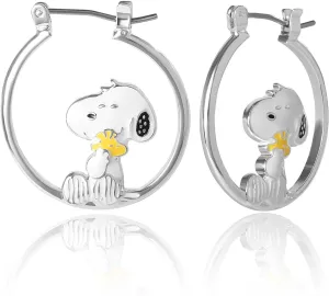 Peanuts Snoopy Earrings for Women Official License, Silver Flash-Plated Hoop Earrings with a Snoopy and Woodstock Accessory