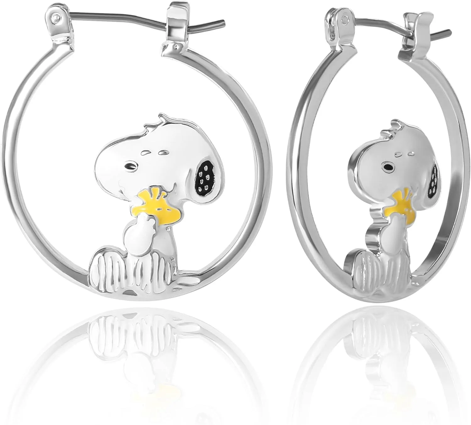 Peanuts Snoopy Earrings for Women Official License, Silver Flash-Plated Hoop Earrings with a Snoopy and Woodstock Accessory