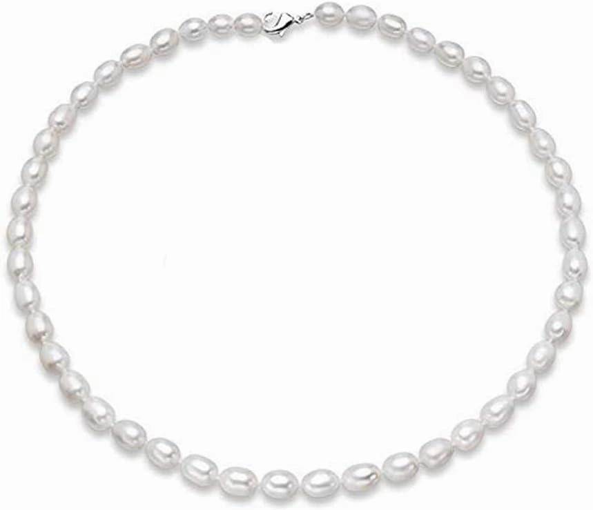 Pearl Necklace for Women 7-8mm Rice Shape Real Freshwater Pearl Necklace for Women Women's Pearl Strand Necklace