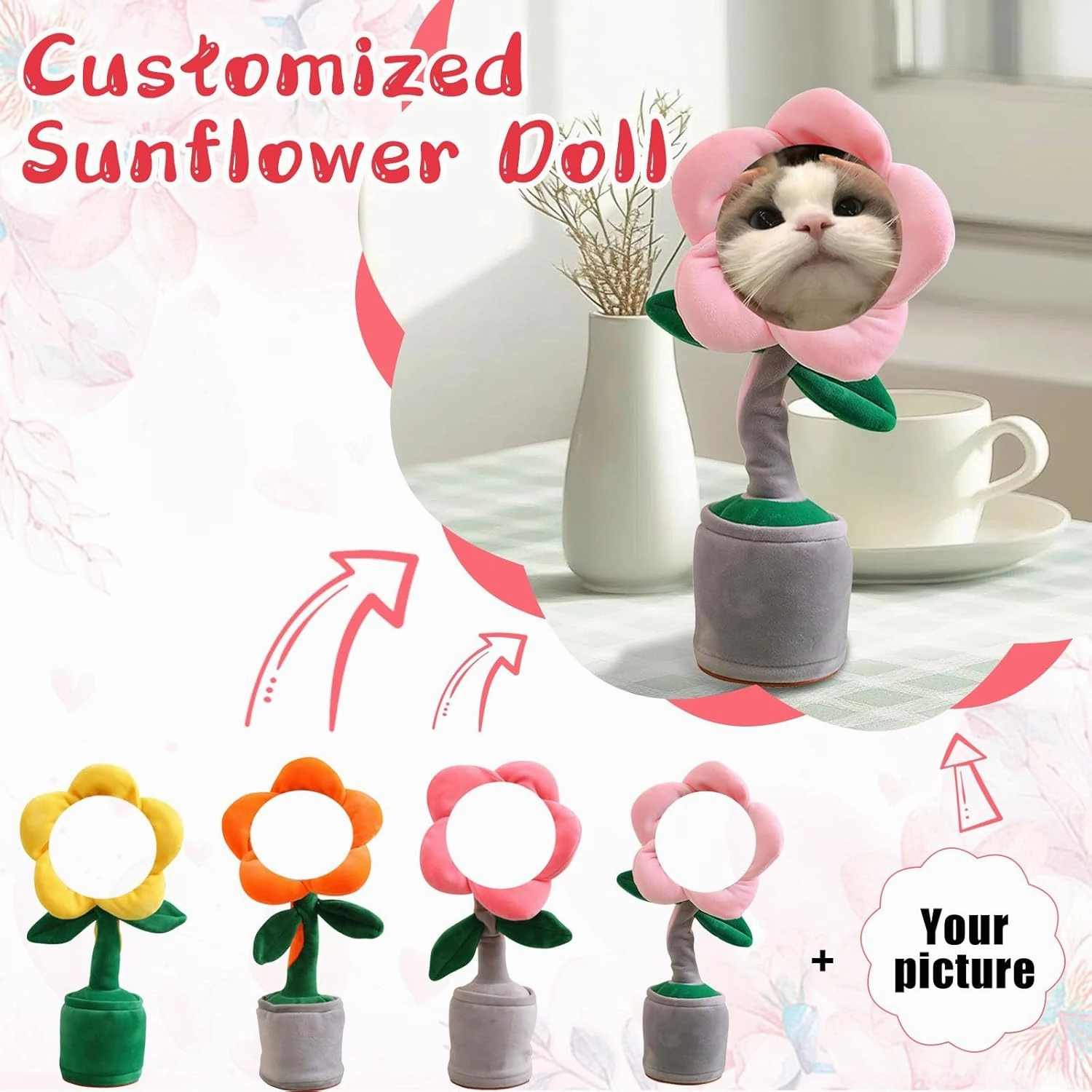 Personalized Dancing Flower with Custom Face, 2025 Custom Singing Dancing Talking Sunflower Toy with Voice Recording, Interactive Gift for Birthday Festival, Gift Box (Pink(Bluetooth&USB))
