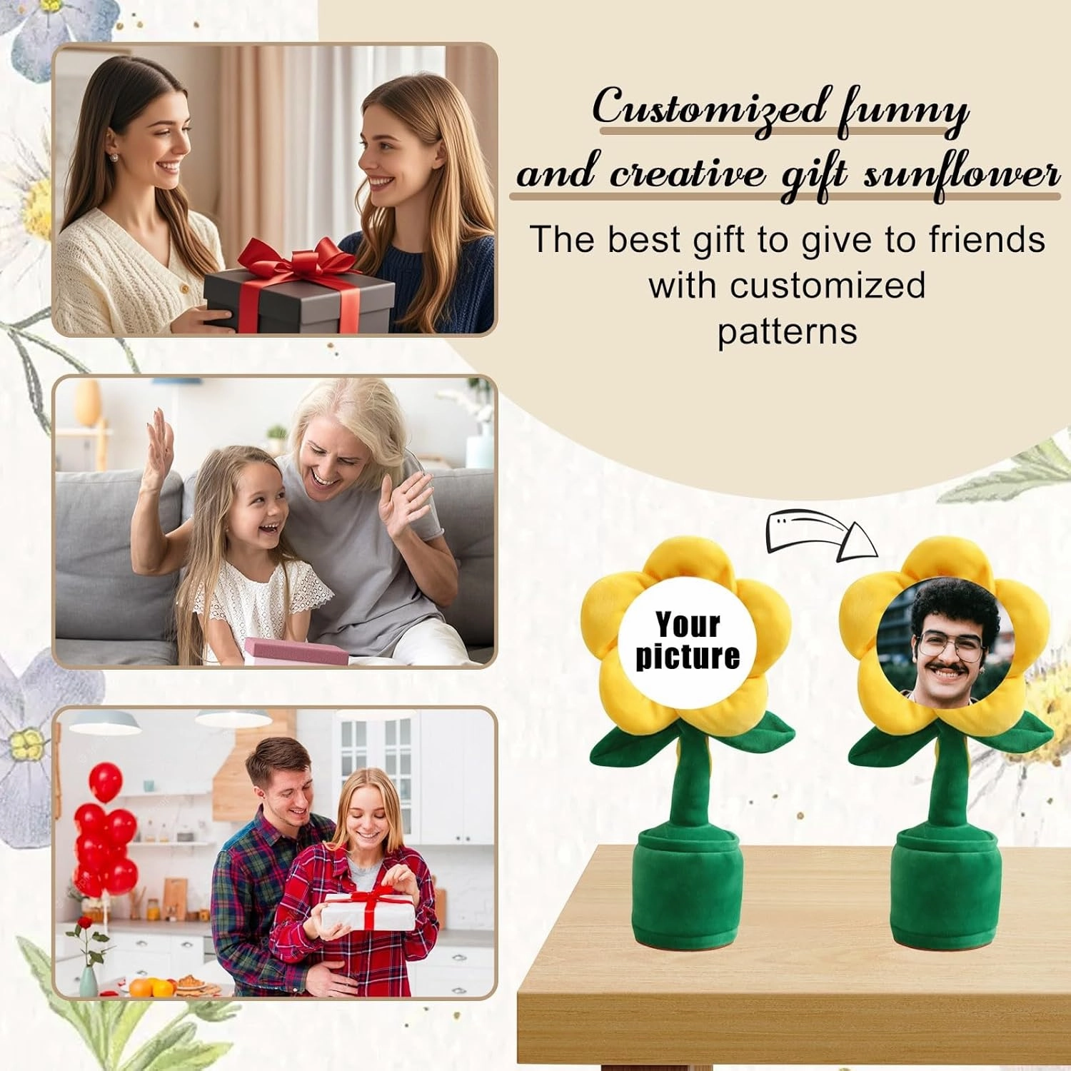 Personalized Dancing Flower with Custom Face, 2025 Custom Singing Dancing Talking Sunflower Toy with Voice Recording, Interactive Gift for Birthday Festival, Gift Box (Pink(Bluetooth&USB))
