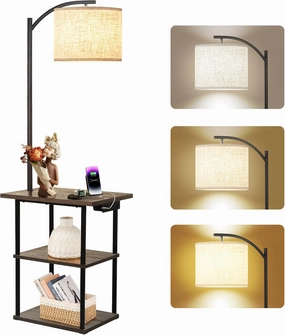 PESRAE Floor Lamp with Table, End Table with Charging Station(USB & Type-C & AC Port), 3 Color Temperatures 9W LED Bulb, Modern Shelves Side Table for Office, Living Room