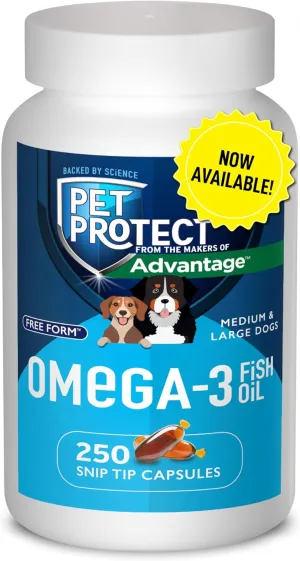 Pet Protect from The Makers of Advantage Omega 3 Supplement for M/L Dogs | 250 Capsules