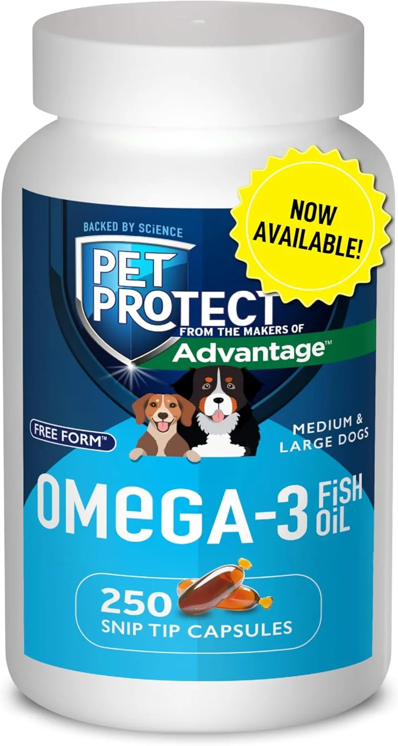 Pet Protect from The Makers of Advantage Omega 3 Supplement for M/L Dogs | 250 Capsules