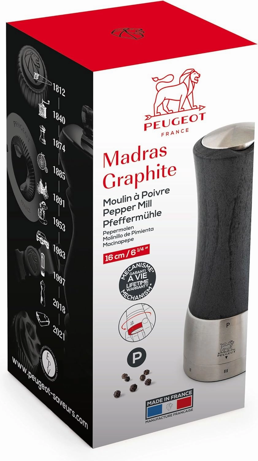 Peugeot - Madras u'Select Manual Pepper Mill - Adjustable Grinder - Stainless Steel & Beechwood, Graphite