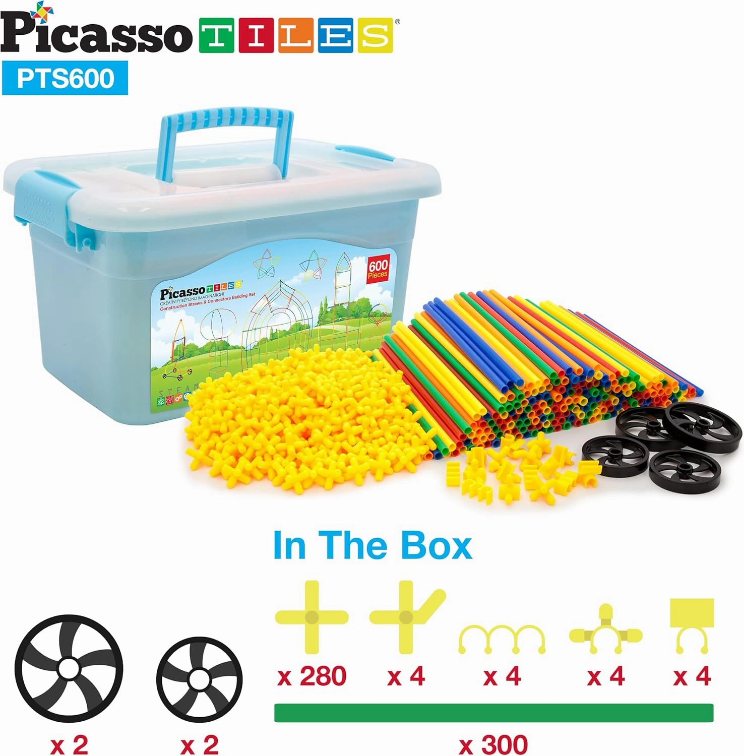 PicassoTiles 600pc Construction Toy Straw Building Set Children STEM Learning Interlocking Building Toys Creative Straw Connecting Builder Kits Early Education Kit for Kids Boys & Girls Ages 3  PTS600
