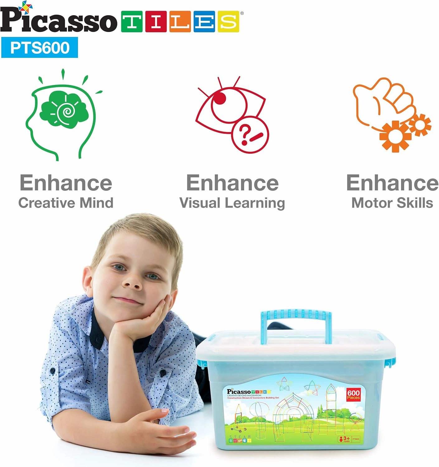 PicassoTiles 600pc Construction Toy Straw Building Set Children STEM Learning Interlocking Building Toys Creative Straw Connecting Builder Kits Early Education Kit for Kids Boys & Girls Ages 3  PTS600