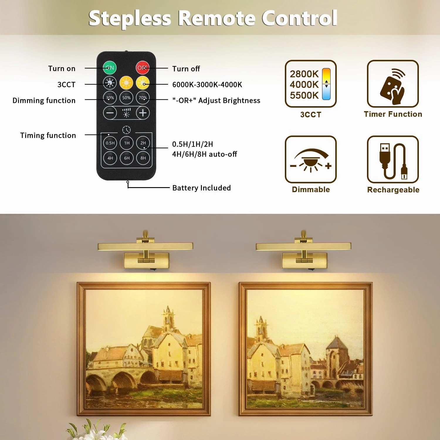 Picture Lights for Wall Battery Operated, Wireless Brass Art Lighting for Paintings Rechargeable Gallery Lights with Remote and Timer 3CCT Dimmable Painting Lights for Portrait 11.42 Inch 2W