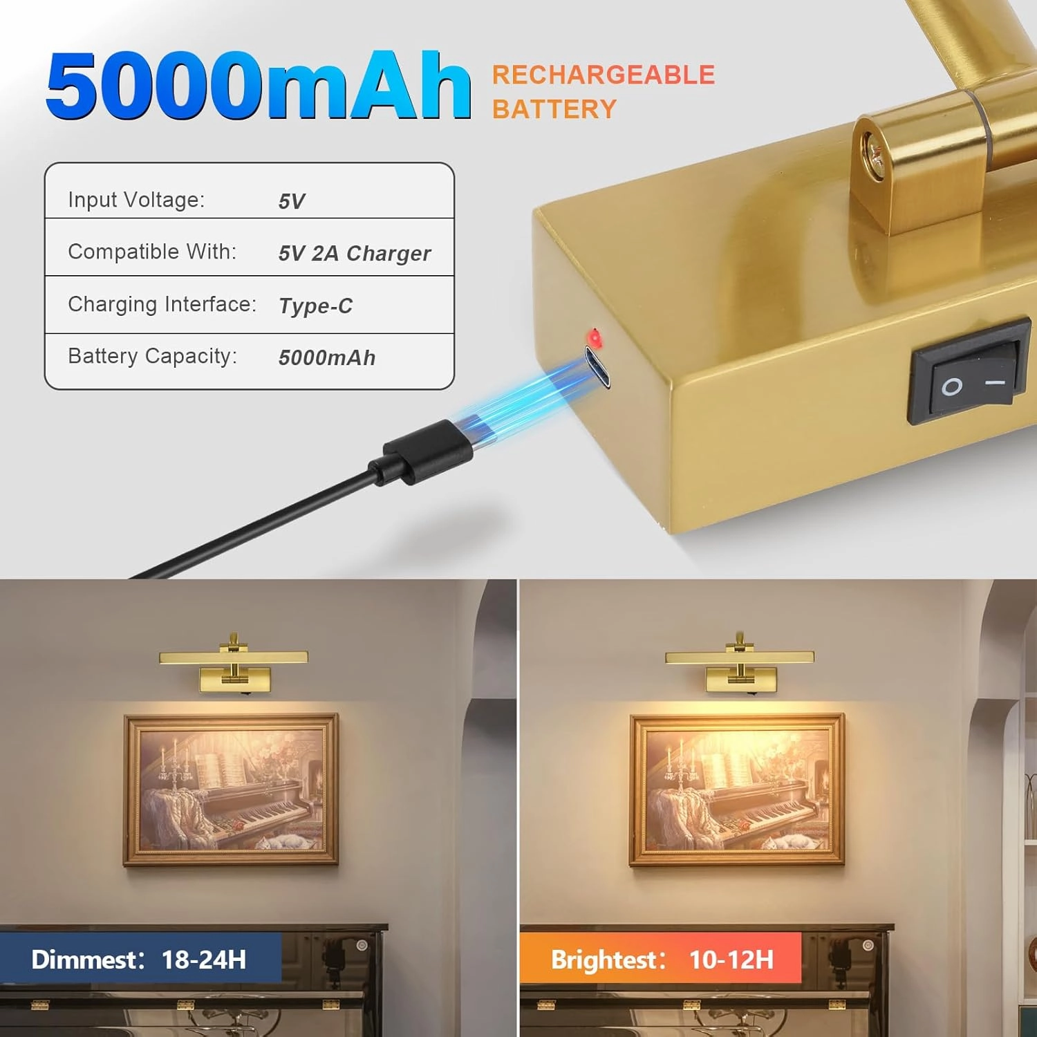 Picture Lights for Wall Battery Operated, Wireless Brass Art Lighting for Paintings Rechargeable Gallery Lights with Remote and Timer 3CCT Dimmable Painting Lights for Portrait 11.42 Inch 2W