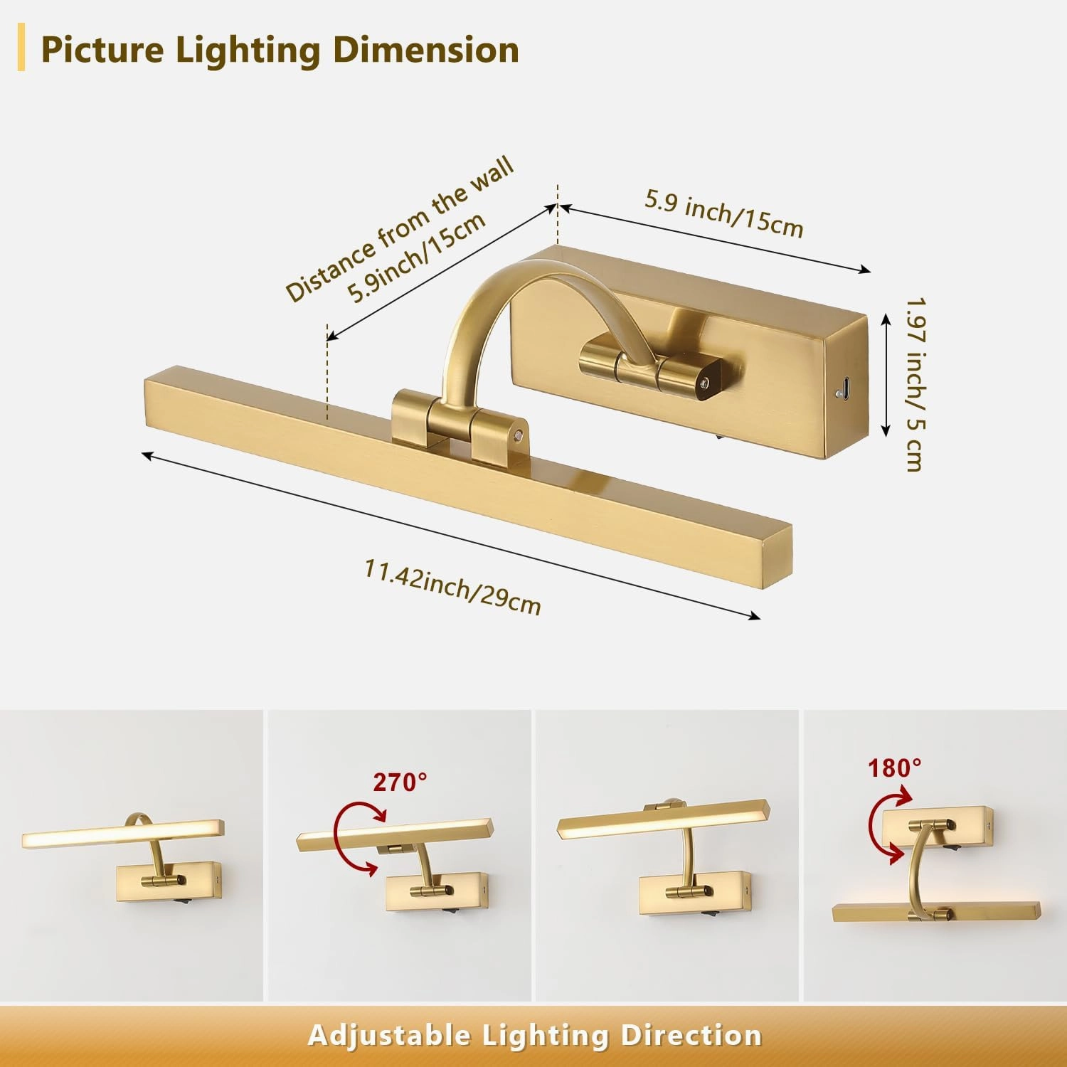 Picture Lights for Wall Battery Operated, Wireless Brass Art Lighting for Paintings Rechargeable Gallery Lights with Remote and Timer 3CCT Dimmable Painting Lights for Portrait 11.42 Inch 2W