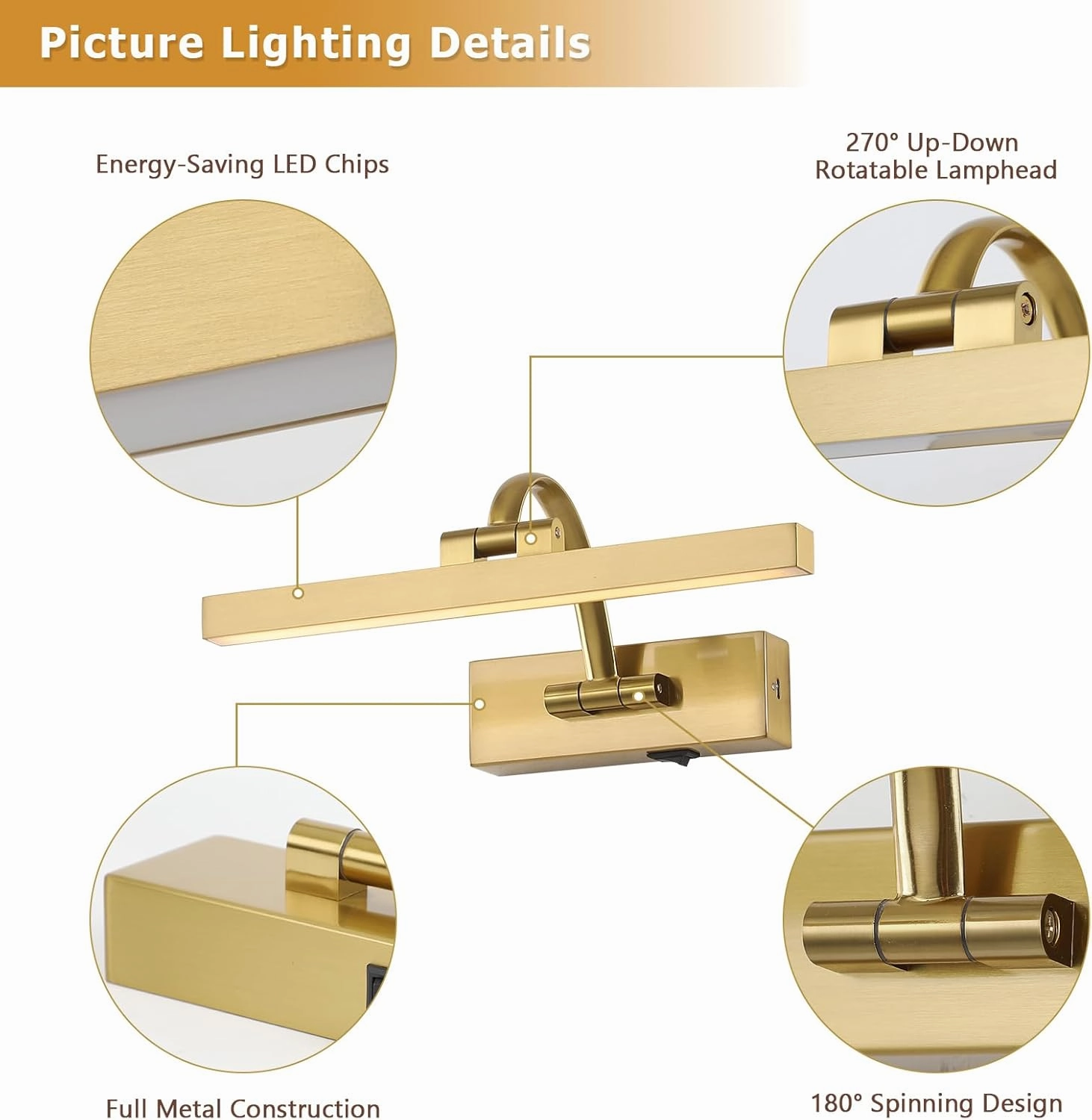 Picture Lights for Wall Battery Operated, Wireless Brass Art Lighting for Paintings Rechargeable Gallery Lights with Remote and Timer 3CCT Dimmable Painting Lights for Portrait 11.42 Inch 2W