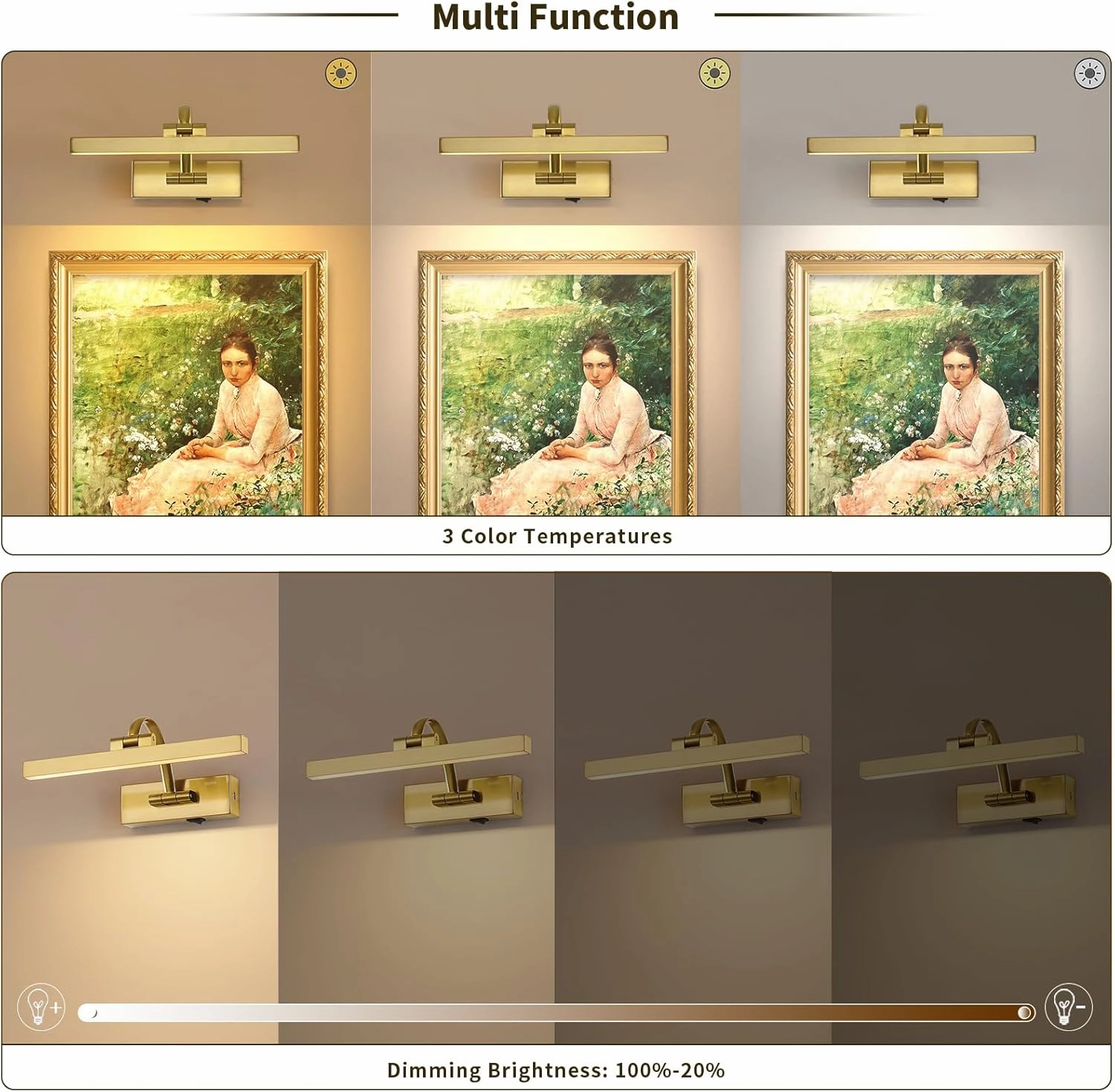 Picture Lights for Wall Battery Operated, Wireless Brass Art Lighting for Paintings Rechargeable Gallery Lights with Remote and Timer 3CCT Dimmable Painting Lights for Portrait 11.42 Inch 2W