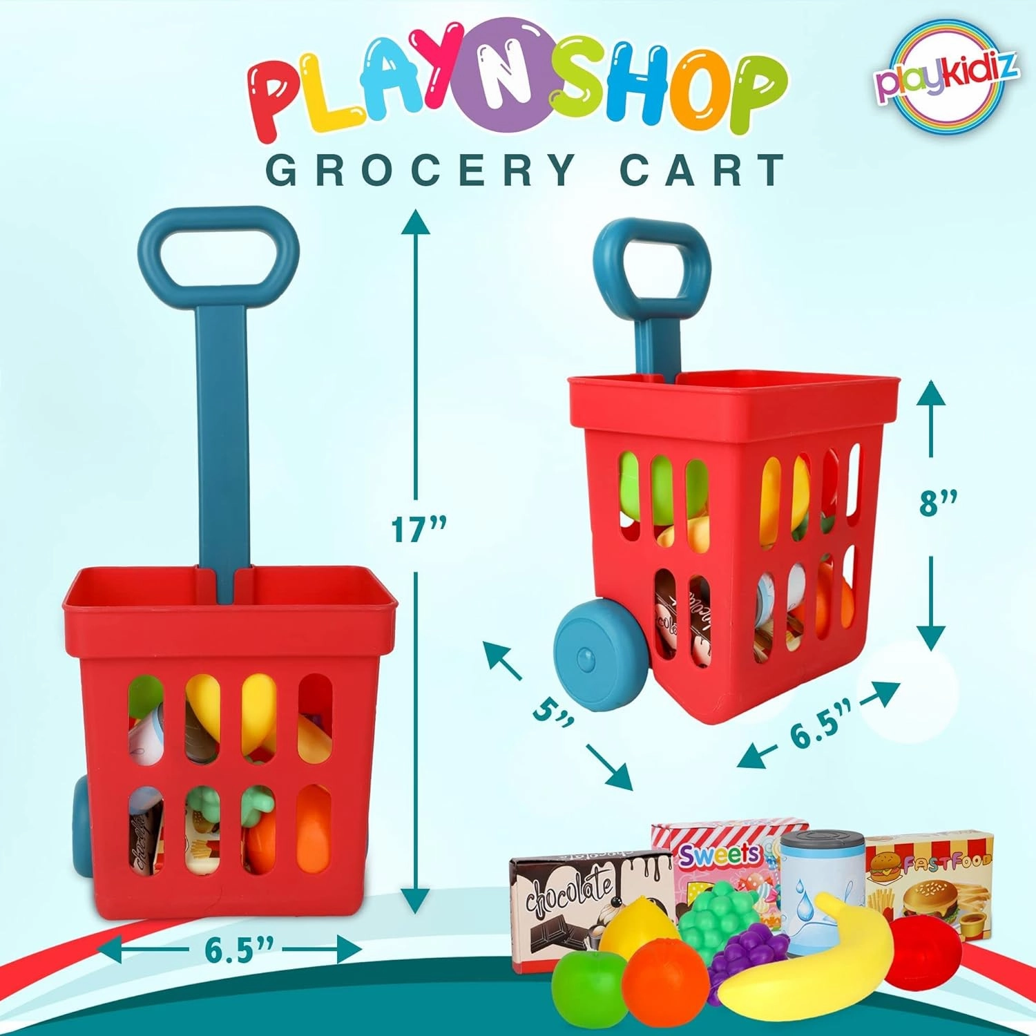 Playkidz Toy Shopping Cart Play Set, Plastic Food Toys, Interactive Play Set, Learning Resources & Pretend Play Fun, Ages 3 