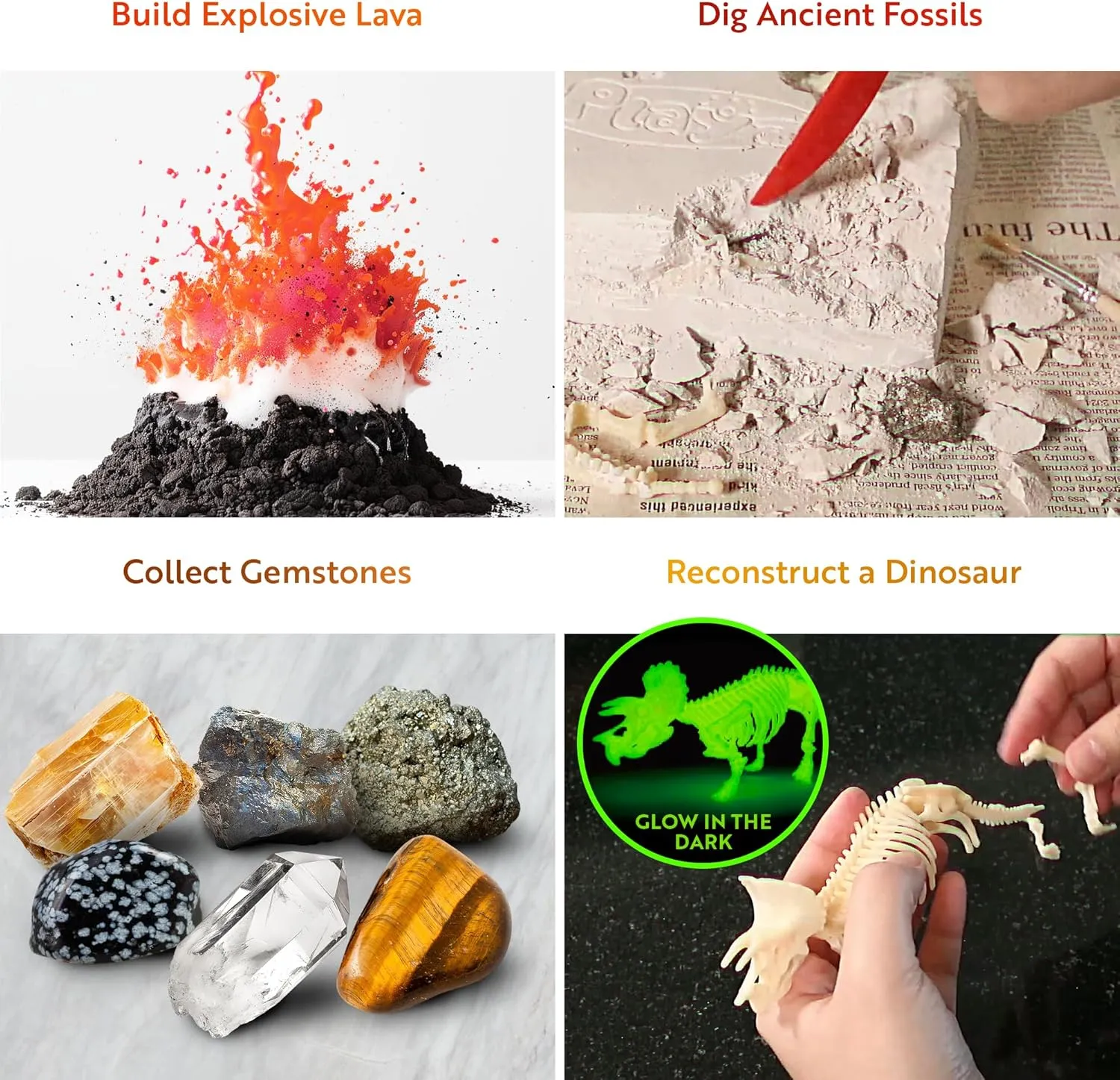 Playz Dinosaur Fossil Digging Kit for Kids, Gemstone Dig Kit & Volcano Science Kit - 46  Fun Geographic Experiments, STEM Dinosaur Toys Excavation Kit for Kids Ages 8-12  Years Old, Boys & Girls